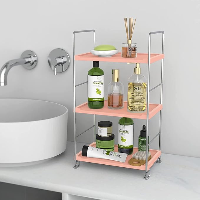 Cosmetic Storage Rack for Bathroom Countertop, 3-Tier Standing Shelf for Kitchen Organizer, Stackage Perfume and Bath Collection Organizer Tray (Pink&Silver)-NeatNest