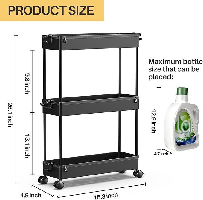 SPACEKEEPER Slim Rolling Storage Cart, 3 Tier Bathroom Storage Organizer Laundry Room Utility Cart Mobile Shelving Unit, Multi-Purpose for Kitchen Office Bathroom Laundry Narrow Places, Black-NeatNest