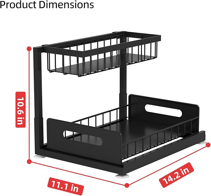 2-Tier Under Sink Slide Out Organizer, Pull Out Cabinet Storage Shelf with Sliding Wire Basket Drawer for Bathroom Kitchen, Countertop or Pantry Shelf, Black-NeatNest