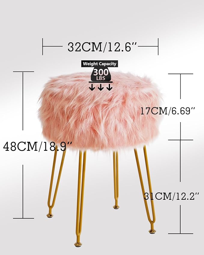 IBUYKE Round Faux Fur Vanity Stool with Storage, Furry Makeup Chair Ottoman, Soft Padded Seat, Round Footrest Footstools with 4 Metal Legs, for Living Room Bedroom Entryway, Pink WBD021P