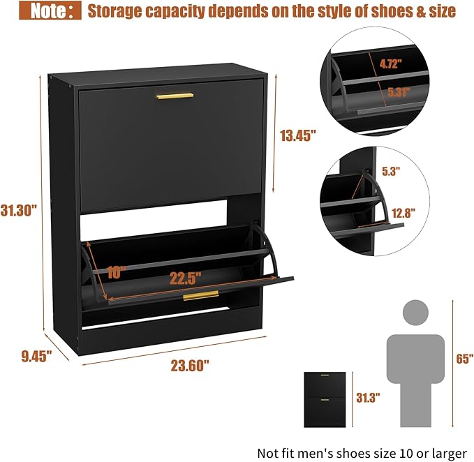 JOZZBY Shoe Cabinet Storage for Entryway, Slim Black Hidden Shoe Organizer Cabinet with 2 Flip Drawers, Wooden Narrow Shoe Rack with 2 Tier Freestanding for Hallway, Living Room-NeatNest