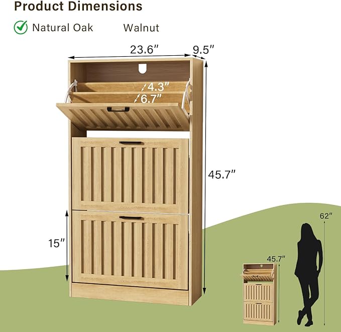 Shoe Storage Cabinet for Entryway with 3 Flip Drawers, Wooden Shoe Organizer with Adjustable Shelf, Freestanding Wood Fluted Panel Shoes Cabinet Closed Shoe Rack for Hallway, Foyer, Nature Oak-NeatNest