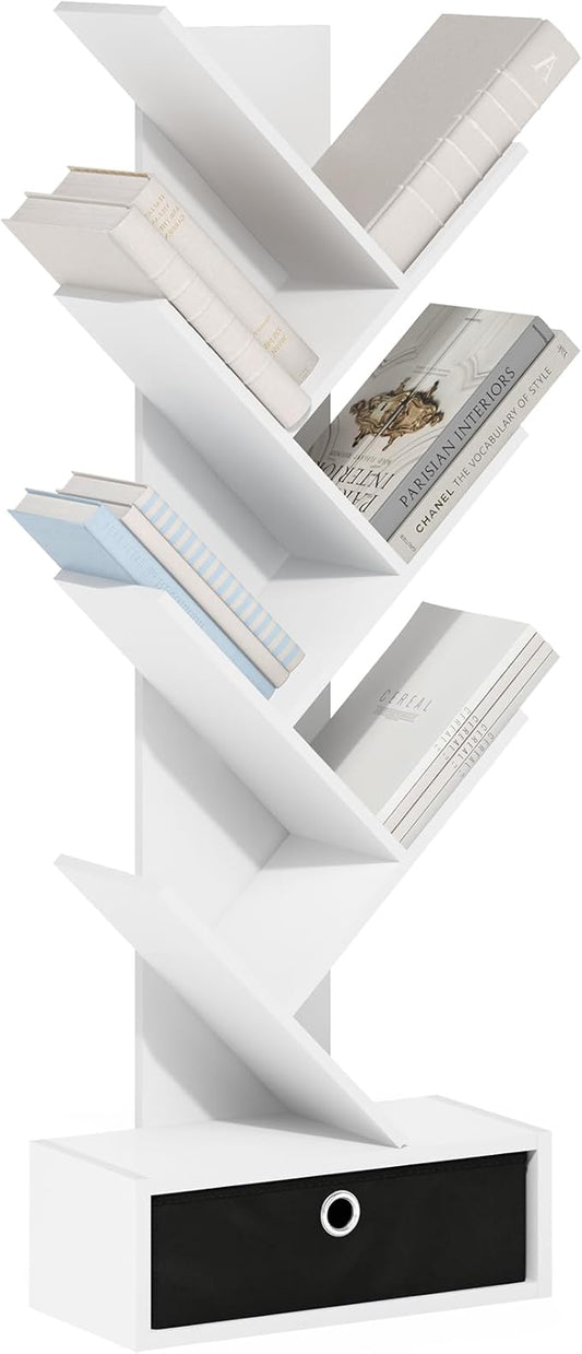 Furinno Tree Bookshelf 7-Tier Floor Standing Tree Bookcase with Bin Drawer, White/Black