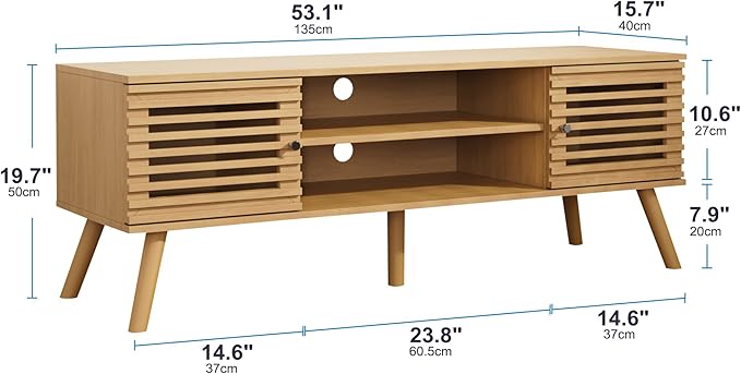 53" Mid Century Modern TV Stand for 50/55/60 inch TV, TV Media Console with Slatted Doors for TVs up to 60", Entertainment Center with Storage for Living Room, Bedroom, Oak-NeatNest