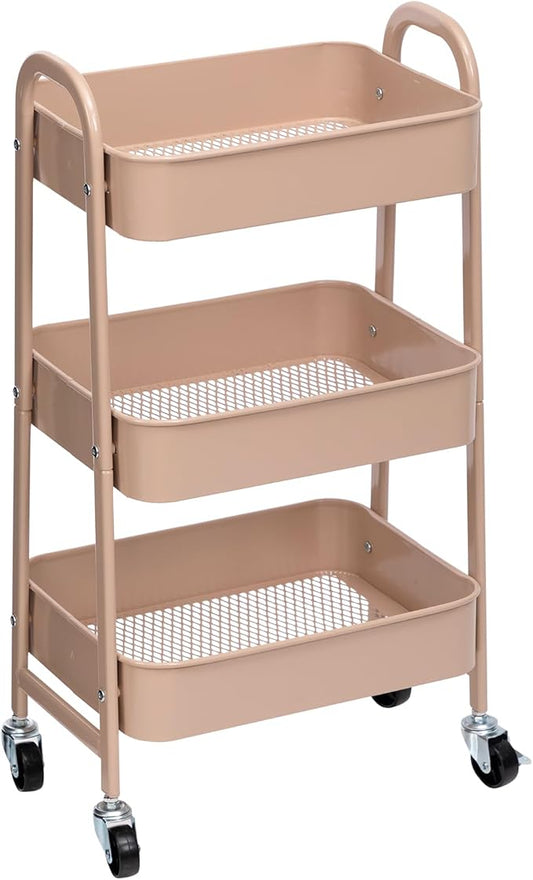 AGTEK Makeup Cart, Movable Rolling Organizer Cart, 3 Tier Metal Utility Cart with Lockable Wheels for Home & Office, Milk Tea-NeatNest