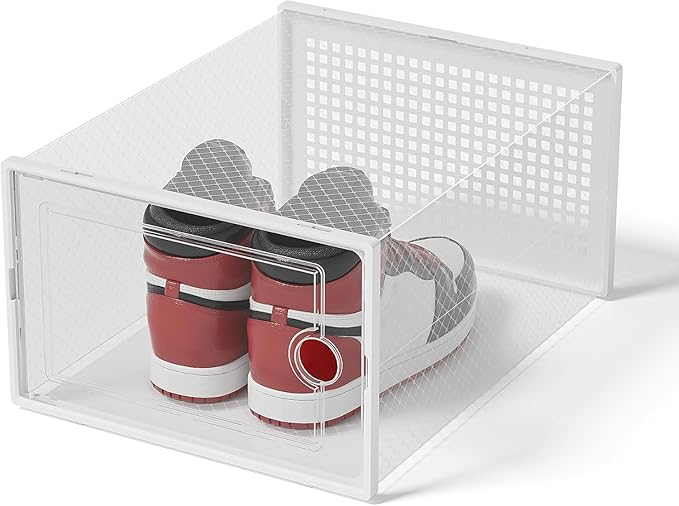Kuject XX-Large Shoe Storage Boxes Organizers Clear Plastic Stackable 12 Pack, Shoe Rack & Holder Substitute, Sneaker Containers, Toy Storage Organizer Bins for Entryway, Closet, Under Bed, White-NeatNest