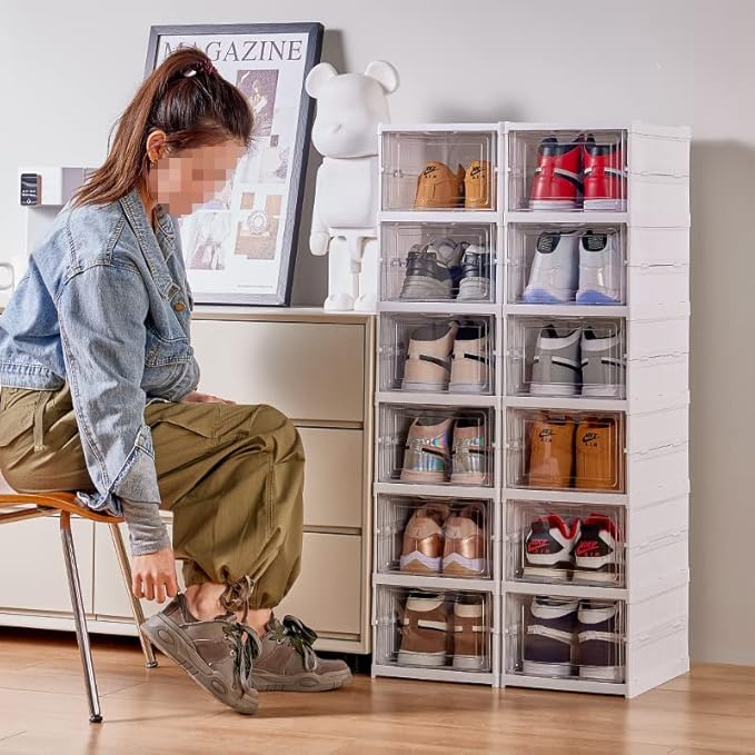 Shoe Rack Shoe Storage Box Bins Clear Collapsible Plastic Installation-Free Size up to 14, Stackable Foldable Tote with Lids Organizing Dustproof 6-Tiers-NeatNest