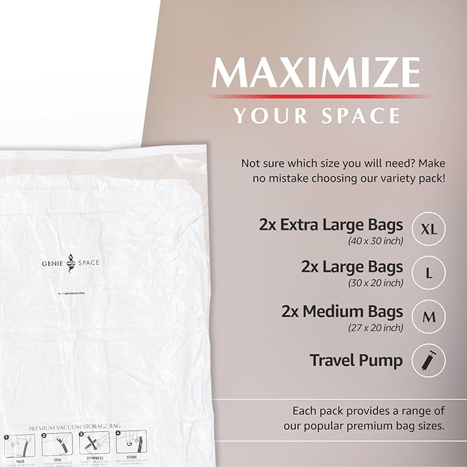 GENIE SPACE Vacuum Storage Bags - Variety Pack of 6 | 2 Extra Large + 2 Large + 2 Medium | Premium Strong, Airtight & Reusable Space Saving Vacuum Bags for Clothes & Bedding | Includes Travel Pump-NeatNest