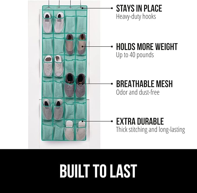 GORILLA GRIP Over the Door Shoe Organizer, 24 Large Breathable Mesh Pockets, Space Saving Hanging Storage Holder, Closet Rack Hanger Holds Up to 40 lbs, Hangs on Closets, Shoes, Accessories, Turquoise-NeatNest