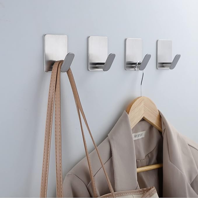 DELITON Towel Hooks for Bathrooms - 8 Pack Adhesive Wall Hooks for Hanging Robe Coat Stick on Hook No Damage SUS 304 Stainless Steel, Silver-NeatNest