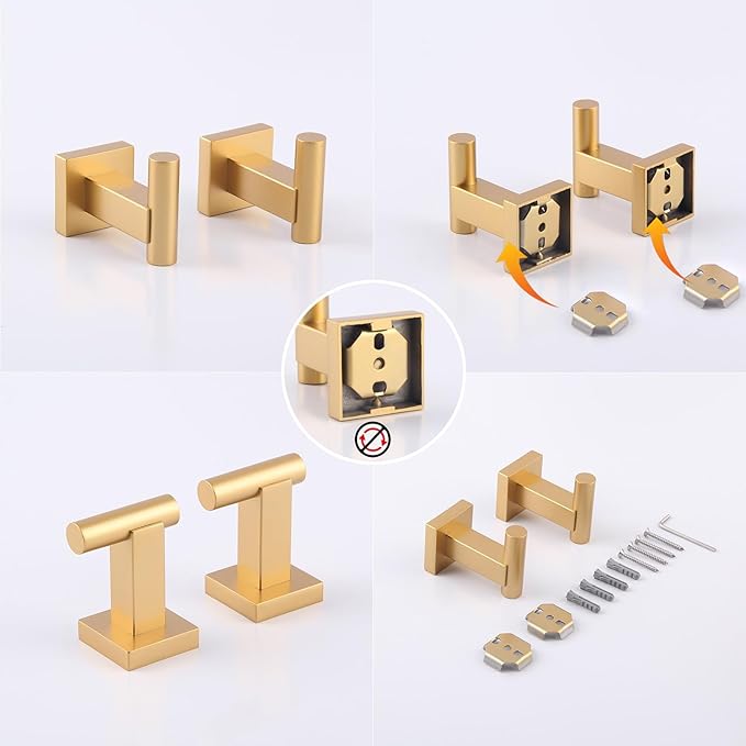 GERZWY Wall Mounted Towel Hook Heavy Duty Robe Coat Hook Luxury Hooks for Bathroom 2 Pack Gold Stainless Steel DG1407-BE