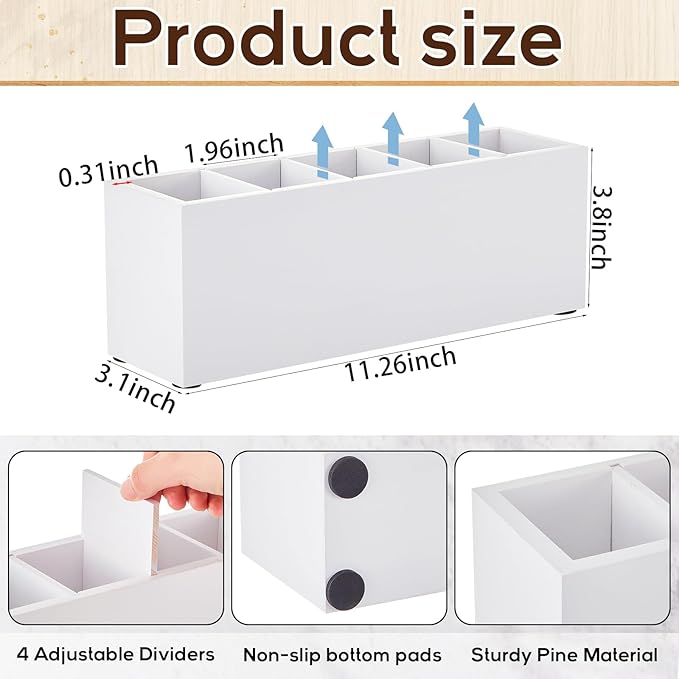 Jetec Wooden Pencil Holder 5 Compartments for Desk Adjustable Pen Holder Wood Office Desk Organizers and Accessories Makeup Brush Organizer for Pen, Home, Office and Art Supplies (White)-NeatNest