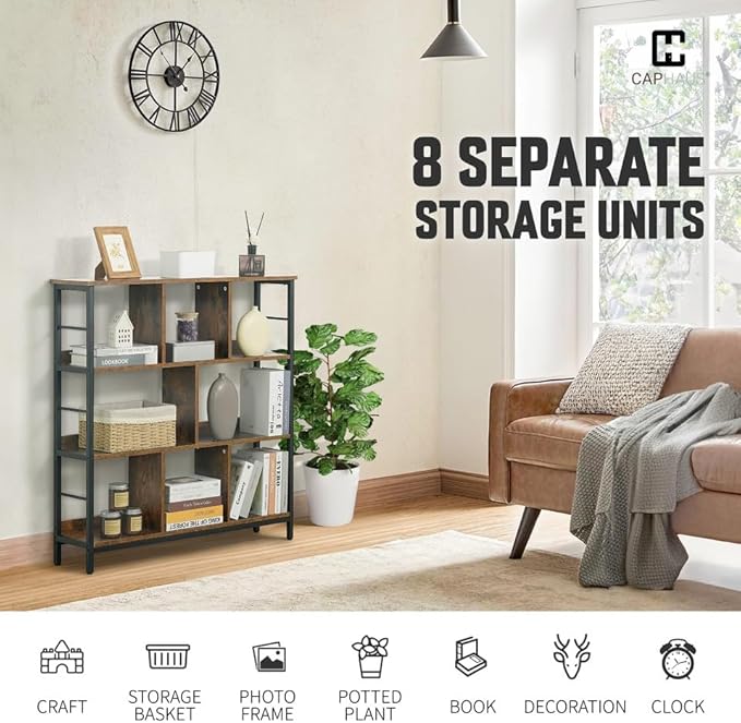 CAPHAUS 8 Cube Storage Organizer, 40” Wide 3 Tier Rustic Oak Industrial Open Shelf Bookcase, Display Shelf, Horizontal Bookshelf with Metal Frame, Wooden Board, for Living Room, Bedroom, Office-NeatNest
