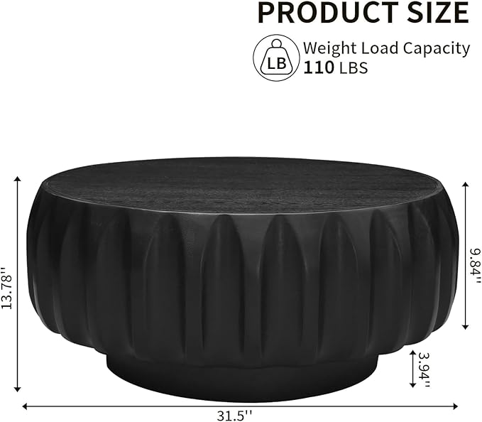 kevinplus 31.5'' Black Round Wood Coffee Table for Living Room, Modern Contemporary Circle Fluted Drum Pedestal Coffee Table, Natural Wood Grain & Easy Assembly, Black