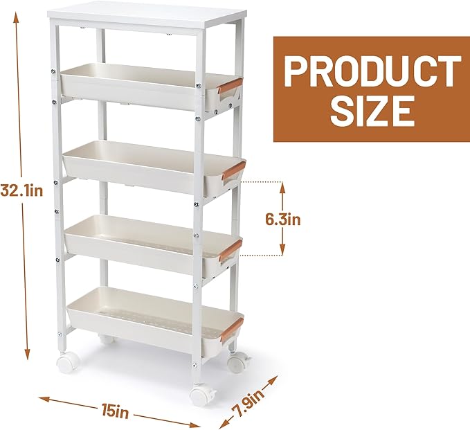 Slim Storage Cart, 5-Tier Narrow Rolling Kitchen Laundry Room Cart with Drawer and Wheels, Metal Utility Cart Slide Out Organizer for Small Spaces (White)