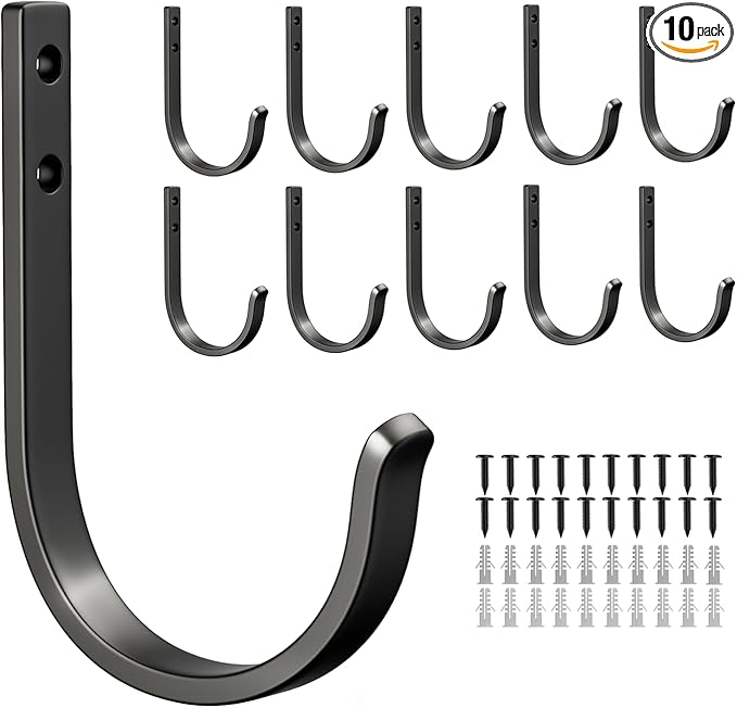 10-Pack Wall Hooks for Hanging Towel/Coat - 22LB Screw in Metal Hanger Wall Mount, for Outdoor, Closet, Door, Bathrooms, for Backpack, Robe, Black