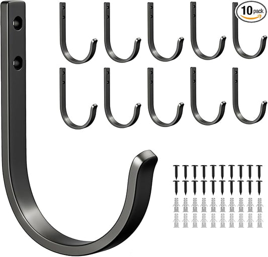 10-Pack Wall Hooks for Hanging Towel/Coat - 22LB Screw in Metal Hanger Wall Mount, for Outdoor, Closet, Door, Bathrooms, for Backpack, Robe, Black