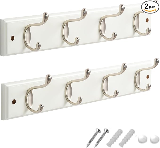 GlazieVault Coat Hooks Wall Mounted - MDF Board Nickel Hook Coat Rack(2 Pack) - Heavy Duty White -Coat Hooks for Wall Clothes Hooks and Wall Hooks-NeatNest