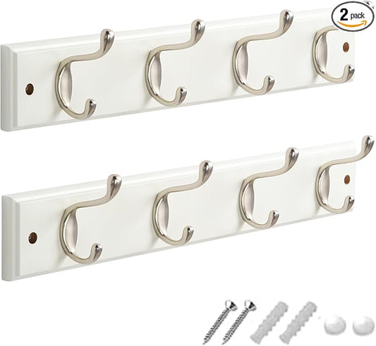 GlazieVault Coat Hooks Wall Mounted - MDF Board Nickel Hook Coat Rack(2 Pack) - Heavy Duty White -Coat Hooks for Wall Clothes Hooks and Wall Hooks-NeatNest