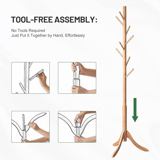Coat Rack Freestanding, Bamboo Wood Coat Stand with 8 Hooks,3 Adjustable Size,Easy Assembly NO Tools Required, Coat Tree Hanger Stand for CoatsScarves in Hallway-NeatNest