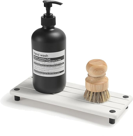 Instant Dry Sink Caddy Kitchen Sink Organizer, Quick Drying Diatomaceous Earth Stone Sink Tray Sponge Holder Soap Dish, Bathroom Countertop Vanity Dispenser Toothbrush Bottle, White, 10" x 4"