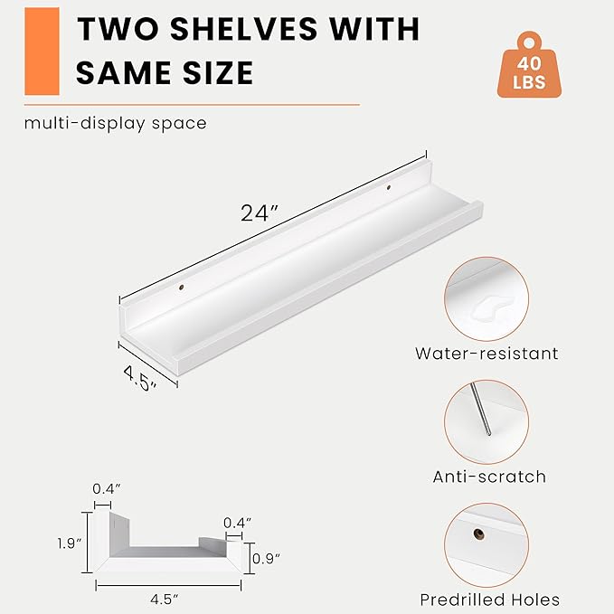 Heimlove Picture Ledge Shelf, Floating Shelves Set of 2, 24 Inches Picture Shelf for Wall with Ledge, Kids Bookshelf Wall Mounted for Living Room Bedroom Decor Books Photo Frames - White-NeatNest