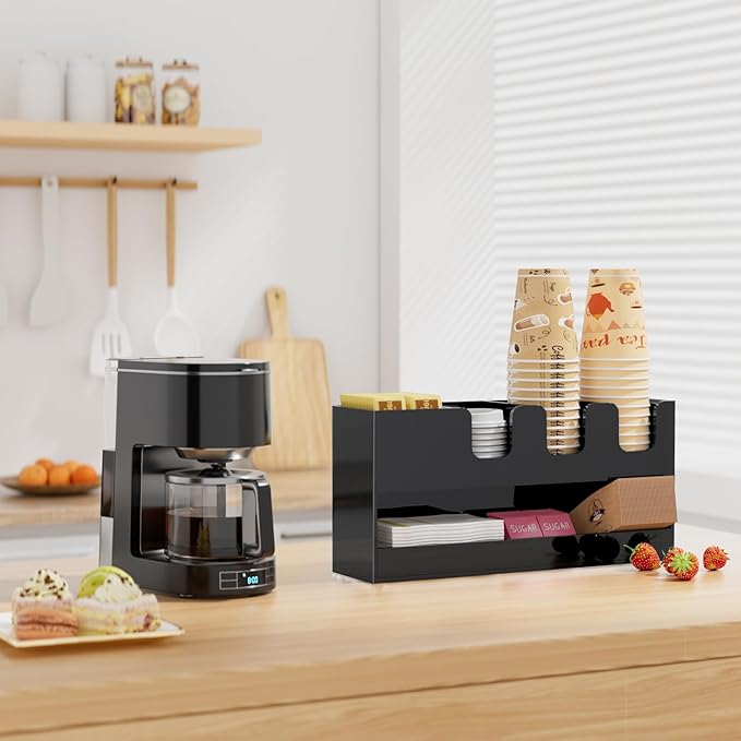 Coffee Condiment and Cup Organizer - 2-Tier Upright Cup and Lid Holder with Straw Organizer 5 Compartments Black Acrylic Cup Dispenser for Restaurant Breakroom Coffee Station Countertop-NeatNest