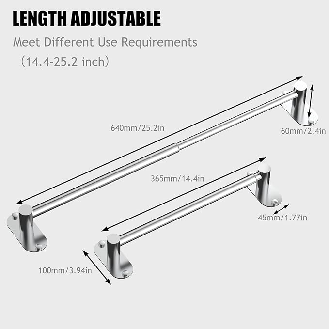 Towel Bar, Adjustable 14.4inch - 25.2inch Towel Rack, Self Adhesive & Wall Mounted for Bathroom Kitchen Hand Towel Holder Cloths Hanger SUS 304 Stainless Steel Organizer Single Bar(Chrome)