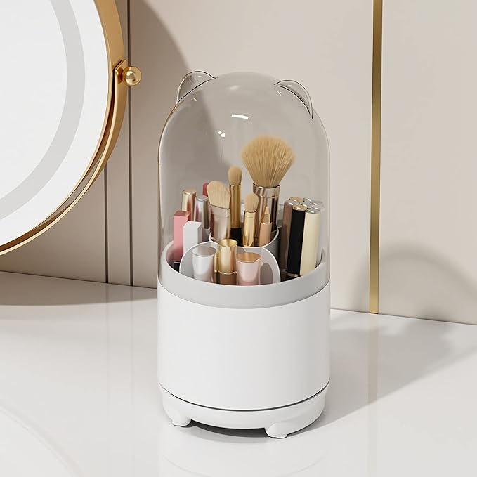 Cute Makeup Brush Holder Organizer with Lid, Rotating Dustproof Make Up Brushes Container with Clear Acrylic Cover for Vanity Desktop Bathroom Countertop-NeatNest