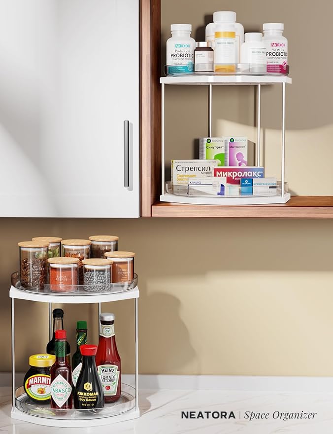 2 Pack 2 Tier Lazy Susan Turntable Organizer – 9.05” Rotating Spice Rack Organizer for Cabinet, Pantry, Tabletop & Counter – Clear Acrylic Lazy Susan for Kitchen, Bathroom & Vanity