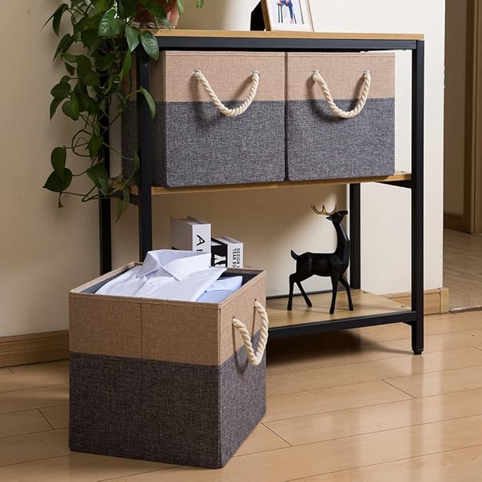 PRANDOM Large Foldable Cube Storage Bins 13x13 inch [4-Pack] Fabric Linen Storage Baskets Cubes Drawer with Cotton Handles Organizer for Shelves Nursery Closet Bedroom Khaki-NeatNest
