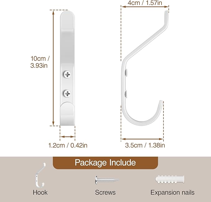 Coat Hook for Hanging, 20LB (Max), Stainless Wall Hooks for Towel, Hat, Backpack, Key, Clothes, Wall Mounted Coat Hanger for Closet, Metal, White, 4 Pack-NeatNest