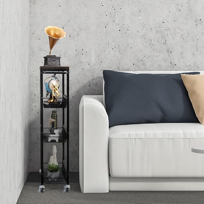 NANANARDOSO 4 Tier Slim Storage Cart, Shelving Unit for Small Space, Rolling Storage Cart with Wooden Top and Metal Handle for Narrow Space on Kitchen, Bathroom, Laundry Room, Black.