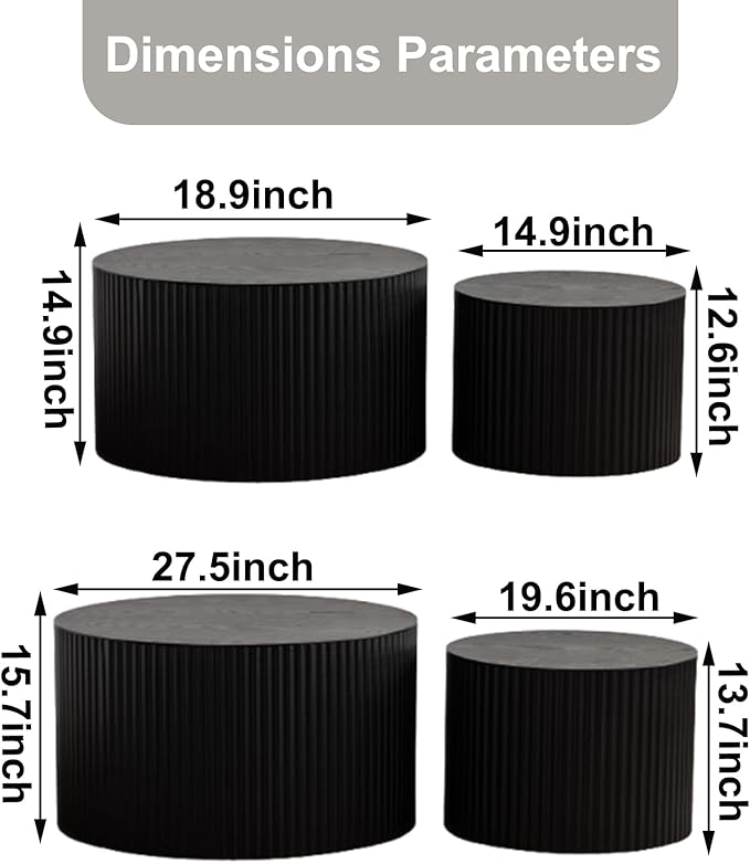 Nesting Coffee Table Set of 2 Wood Circle Drum Coffee Tables Set Contemporary Fluted Coffee Table Round Wooden Coffee Tables for Living Room & Small Space (Black, 27.5 +19.6in)