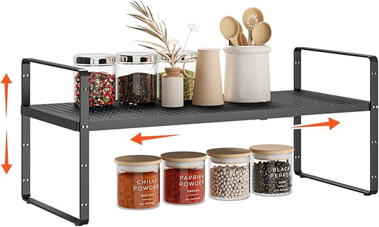 16.5-27’’L Expandable Stackable Cabinet Shelves, Adjustable Spice Rack Cabinet Shelf Organizer for Kitchen, Countertop, Pantry and Cupboard, Black-NeatNest