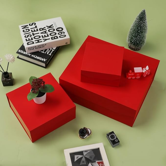 6 Pcs Red Gift Box Large 13x11x5.3 Inch Large Black Gift Box Large Magnetic Gift Box with Crinkle Paper Red Large Gift Box with Shredded Paper Luxury Gift Boxes with Lids for Presents-NeatNest