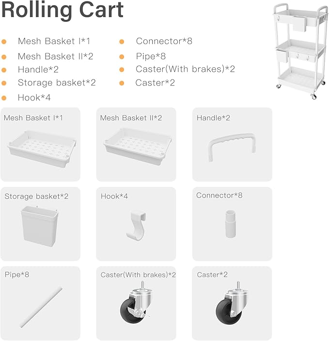 3 Tier Rolling Utility Cart with Handle,REBECAT Utility Cart Made of Multifunctional Storage Organizer Tool for Kitchen,Bathroom,Living Room,Office(White)-NeatNest
