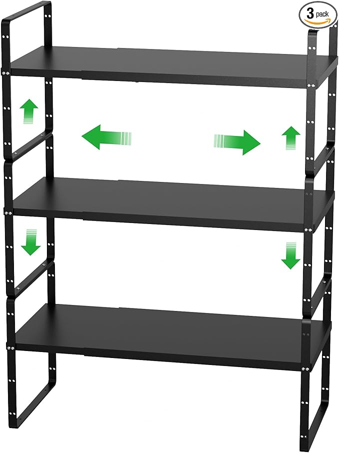 Cabinet Organizer Shelves,Expandable Cabinet Spice Racks,Stackable Pantry Counter Under Sink Shelves, Storage Shelves for Kitchen,Home,Office,3 Packs,10.24" D,Black