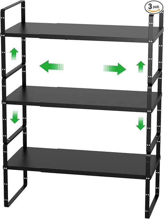 Cabinet Organizer Shelves,Expandable Cabinet Spice Racks,Stackable Pantry Counter Under Sink Shelves, Storage Shelves for Kitchen,Home,Office,3 Packs,10.24" D,Black