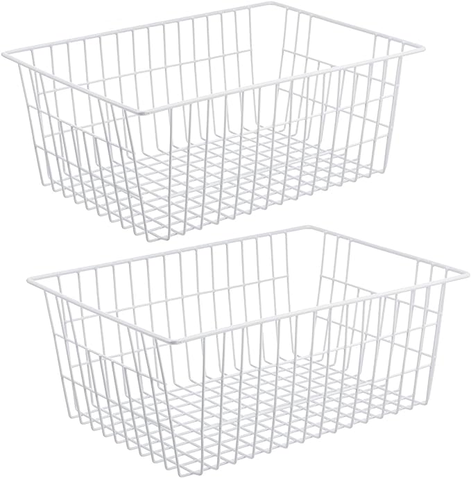 iPEGTOP Wire Storage Freezer Baskets, Set of 2 Large 15.4" Household Metal Organizer Storage Bins Basket for Kitchen Cabinets, Refrigerators, White