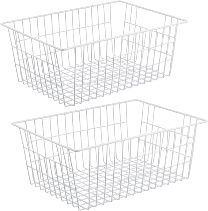 iPEGTOP Wire Storage Freezer Baskets, Set of 2 13.4" Household Organizer Storage Bins Fridge Basket Rack with Handles for Kitchen Cabinets, Pantry, Office, Bathroom Organization - White