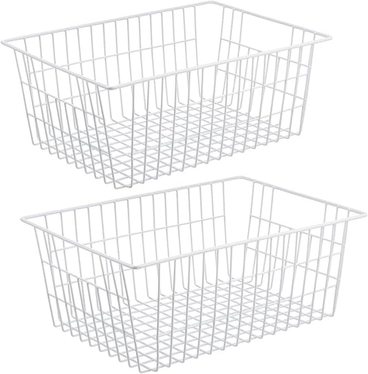 iPEGTOP Wire Storage Freezer Baskets, Set of 2 13.4" Household Organizer Storage Bins Fridge Basket Rack with Handles for Kitchen Cabinets, Pantry, Office, Bathroom Organization - White