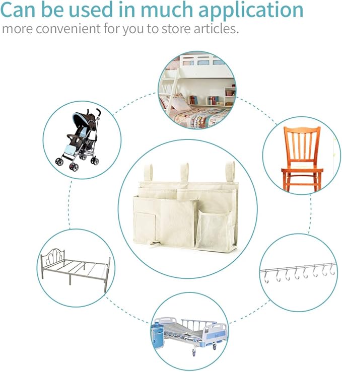 Bseash Bunk Bed Organizer, Bedside Caddy Hanging Bed Organizer Storage Bag 8 Pockets, for College Dorm Rooms Bed, Hospital Bed, Baby Bed Rails, 600D Oxford Cloth (Beige)-NeatNest