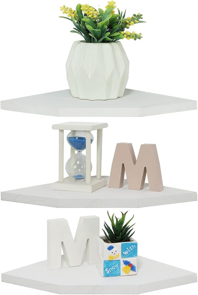 Joiishom Corner Wall Shelf Set of 3, Floating Corner Shelves, Rustic Wood Wall Storage Display Shelves for Living Room Bedroom Bathroom Kitchen (Fanshaped-White)-NeatNest