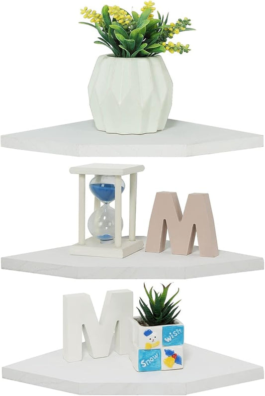 Joiishom Corner Wall Shelf Set of 3, Floating Corner Shelves, Rustic Wood Wall Storage Display Shelves for Living Room Bedroom Bathroom Kitchen (Fanshaped-White)-NeatNest