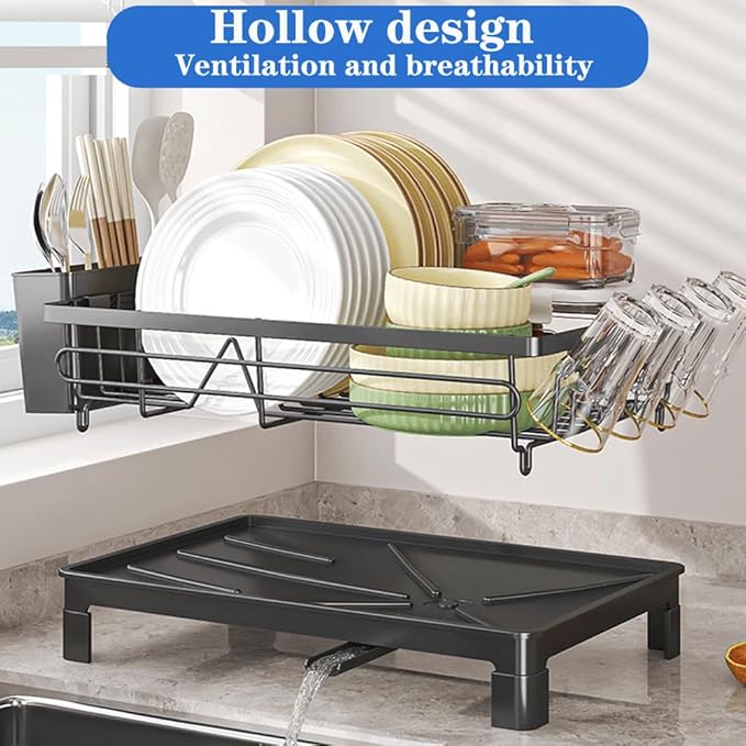 Dish Drying Rack with Drainboard, Dish Racks for Kitchen Counter, Stainless Steel Kitchen Dish Drainer with Cutlery Holder, Cup Holder, Rustproof, Easy Installation