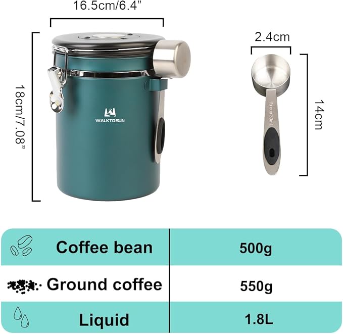 Coffee Canister Airtight Storage Container Stainless Steel Air Tight Coffee Jar with Scoop, Date Tracker CO2 Release Valve for Dry Food, Beans, Ground, Tea, Flour, Cereal and Sugar (1.8L,Green,2Pcs)-NeatNest