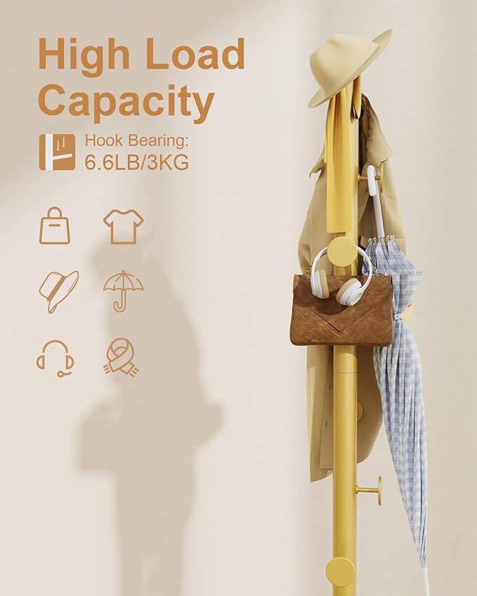 Coat Rack Freestanding, Small Standing Coat Tree with Heavy Rock Slab Base, Modern Metal Coat Hanger Stand with 8 Hooks, Garment Rack, 11.8 x 11.8 x 68.9 In, Gold, GYJ002WJ-NeatNest