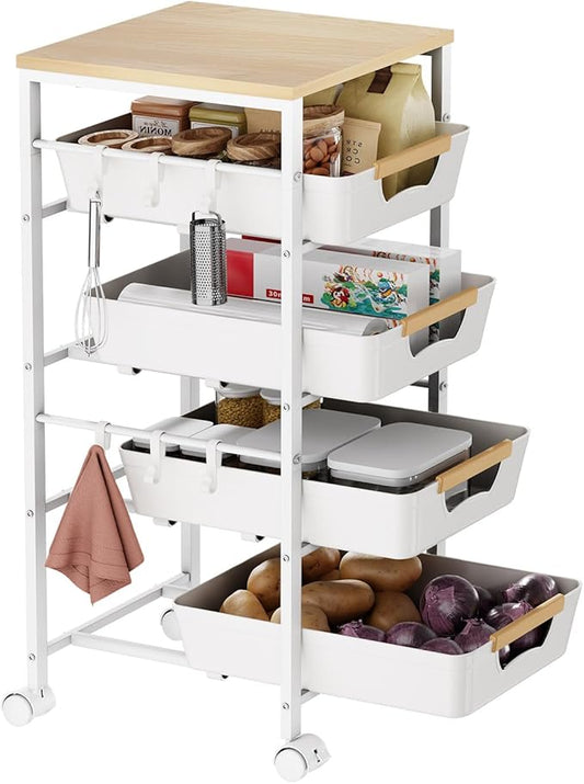 5-Tier Kitchen Storage Cart, Wood Top Rolling Cart Organizer with Pull-Out Baskets & Wheels, Metal Snack Cart with Holder for Fruit, Vegetable, Microwave, Kitchen, Pantry, White