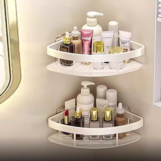 lanlord Wall Mounted Shower Organizer Corner Shower Caddy,2 Tier No Drilling Adhesive Shower Corner Shelf,Bathroom Shower Shelves Corner, with Hooks,Corner Shower Caddy Suction Cup,White （2LWAT